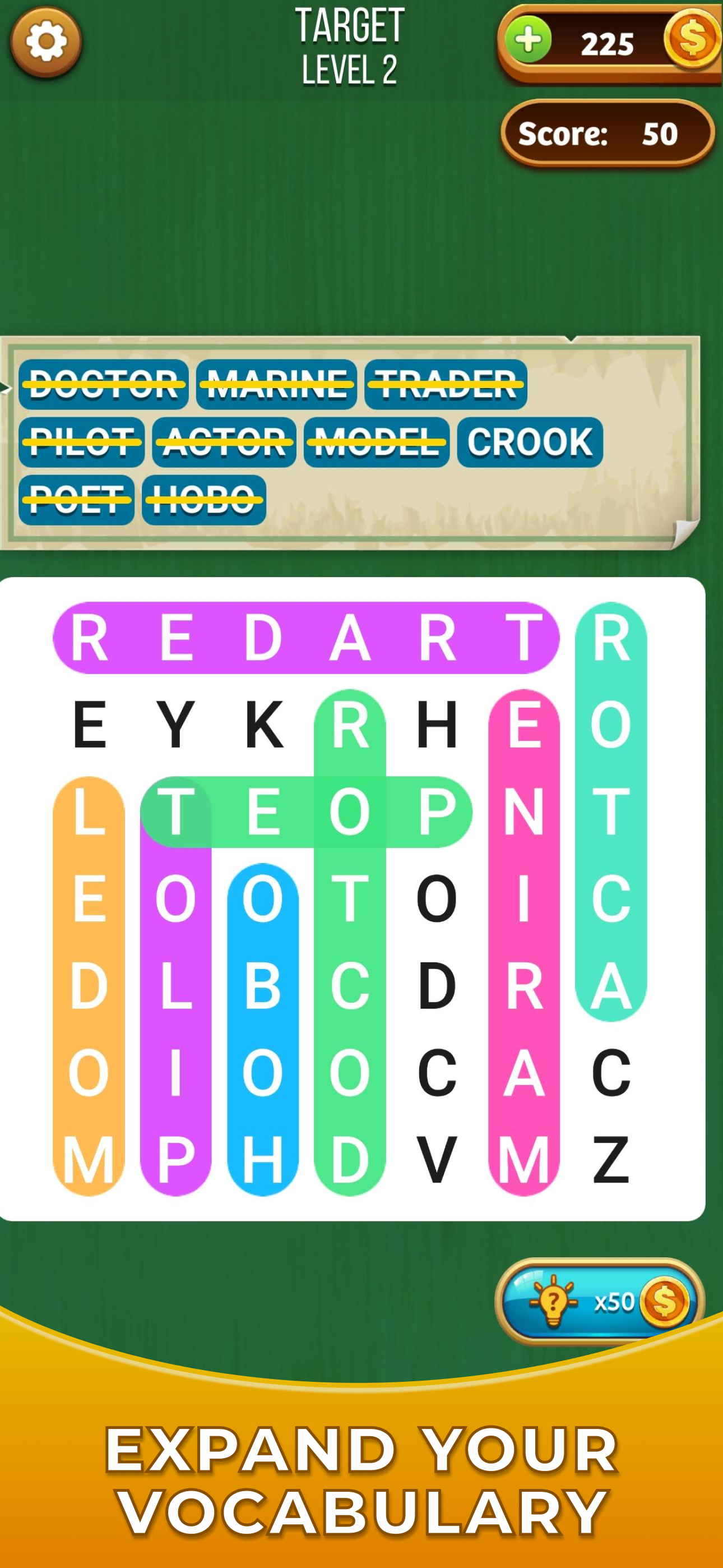 Grid with teal letters and pink path